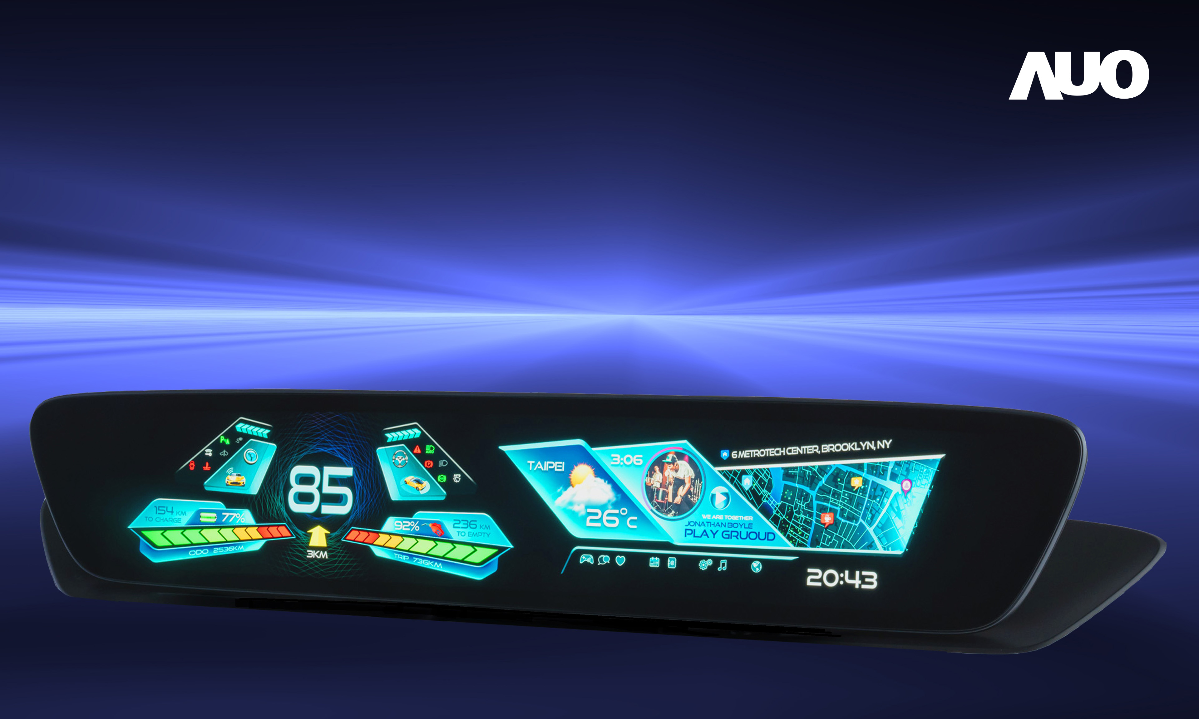 友達30.4吋異形曲面AmLED車載顯示系統，為一兼具儀表板及中控台人機介面的創新車載顯示系統，結合美學設計，提升車內科技沉浸感及使用體驗，讓車載顯示的未來應用更加多元化