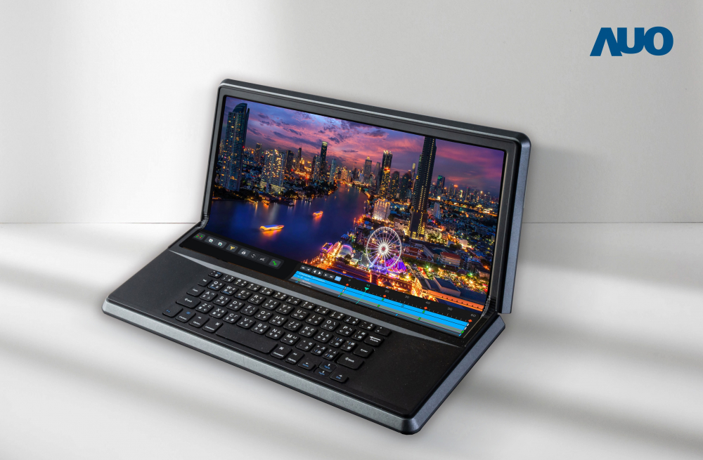 hth·华体14.6吋Micro LED折迭显示屏幕，搭配半径4mm的弯折绞炼，以及高画素、高亮度、高对比度的显示技术特点，即便在大视角下仍保有绝佳色相与亮度