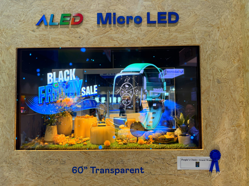 hth·华体60吋高透明度Micro LED显示器获&rdquo;最佳Micro LED技术应用奖&rdquo;，将Micro LED面板透明化之设计特性极致发挥，以可扩展性无缝拼接技术打造，具备600 nits全画面亮度、大于60%穿透率及超过NTSC 110%的优异广色域表现，可依需求灵活应用于各种场域