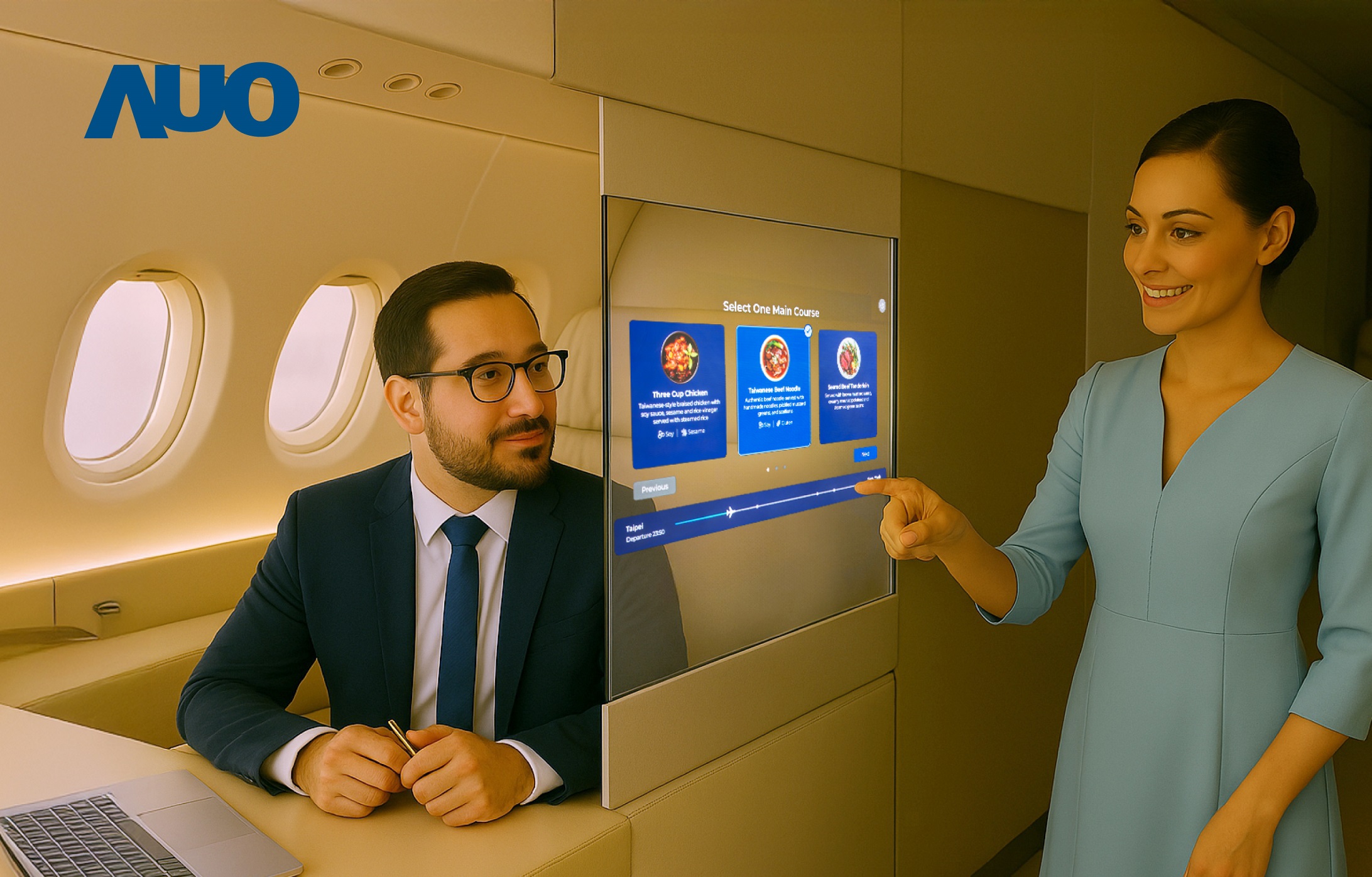 友達研發全球最薄17.3 吋雙面透明 Micro LED 顯示器，可在同一螢幕之雙邊投射不同資訊，創造獨特的「透明化」互動；圖為即時翻譯交流應用情境