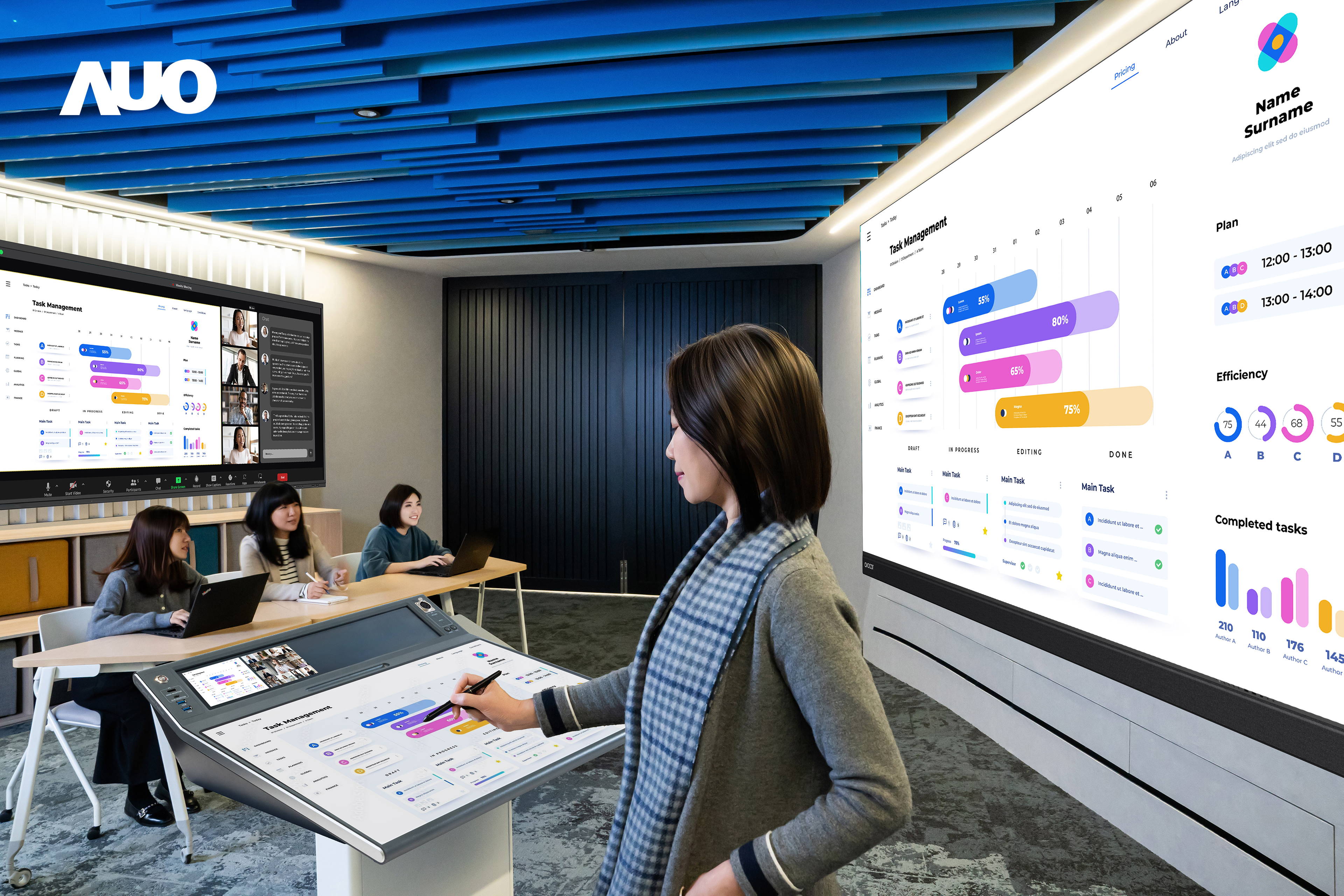 達擎攜手Avocor與Rise Vision展示全方位商務領域應用，包含採用模組化設計的138吋一體式All-in-One LED顯示器及具21:9超寬比例的92吋互動式電子白板（IFPD），講者可輕鬆分享內容，有效提升會議協作效率。